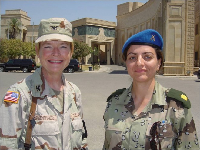 Jill Morgenthaler with an Iraqi soldier. 